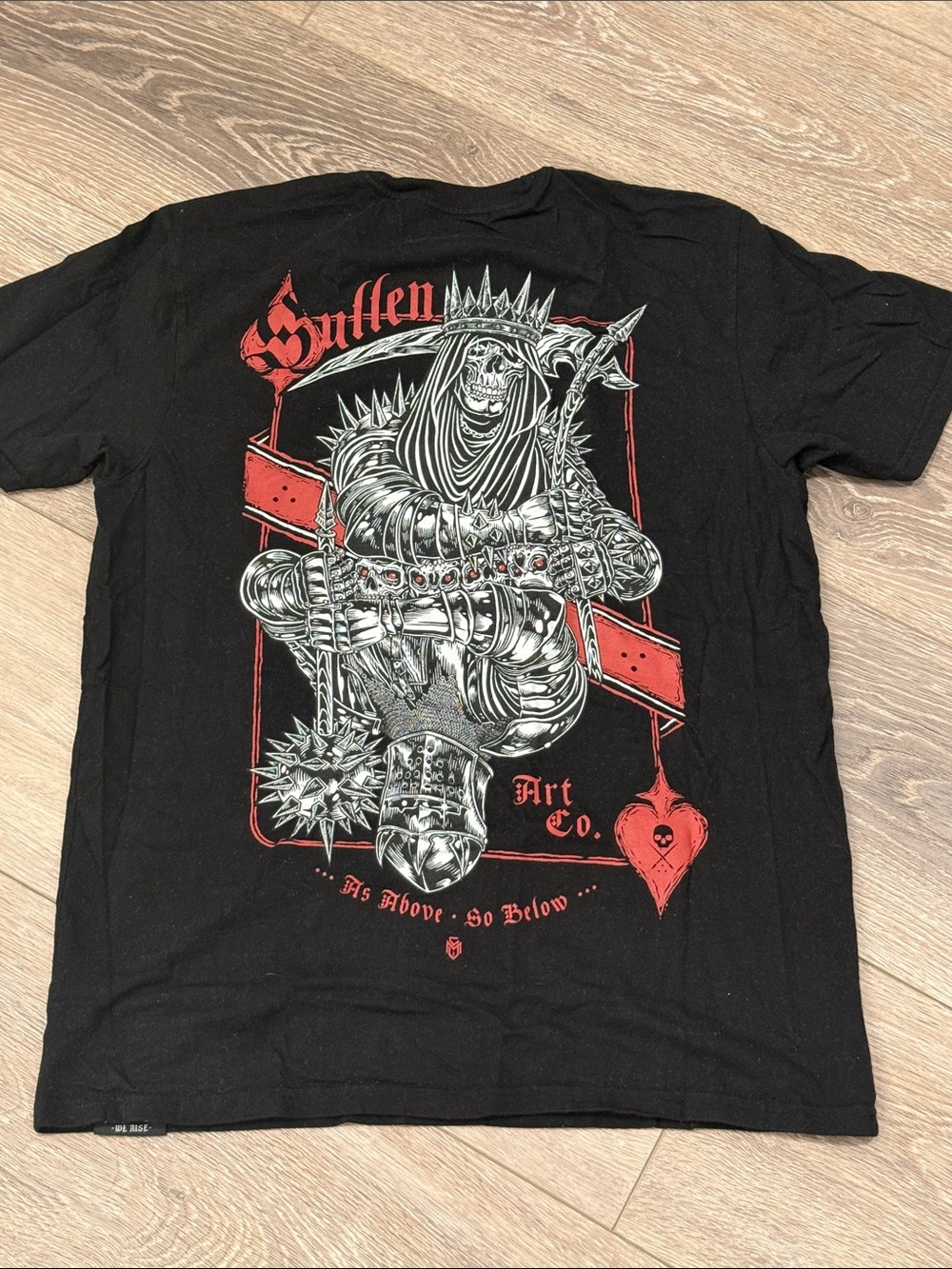 Black Short-Sleeve Graphic Tee with Red & White Gothic Artwork